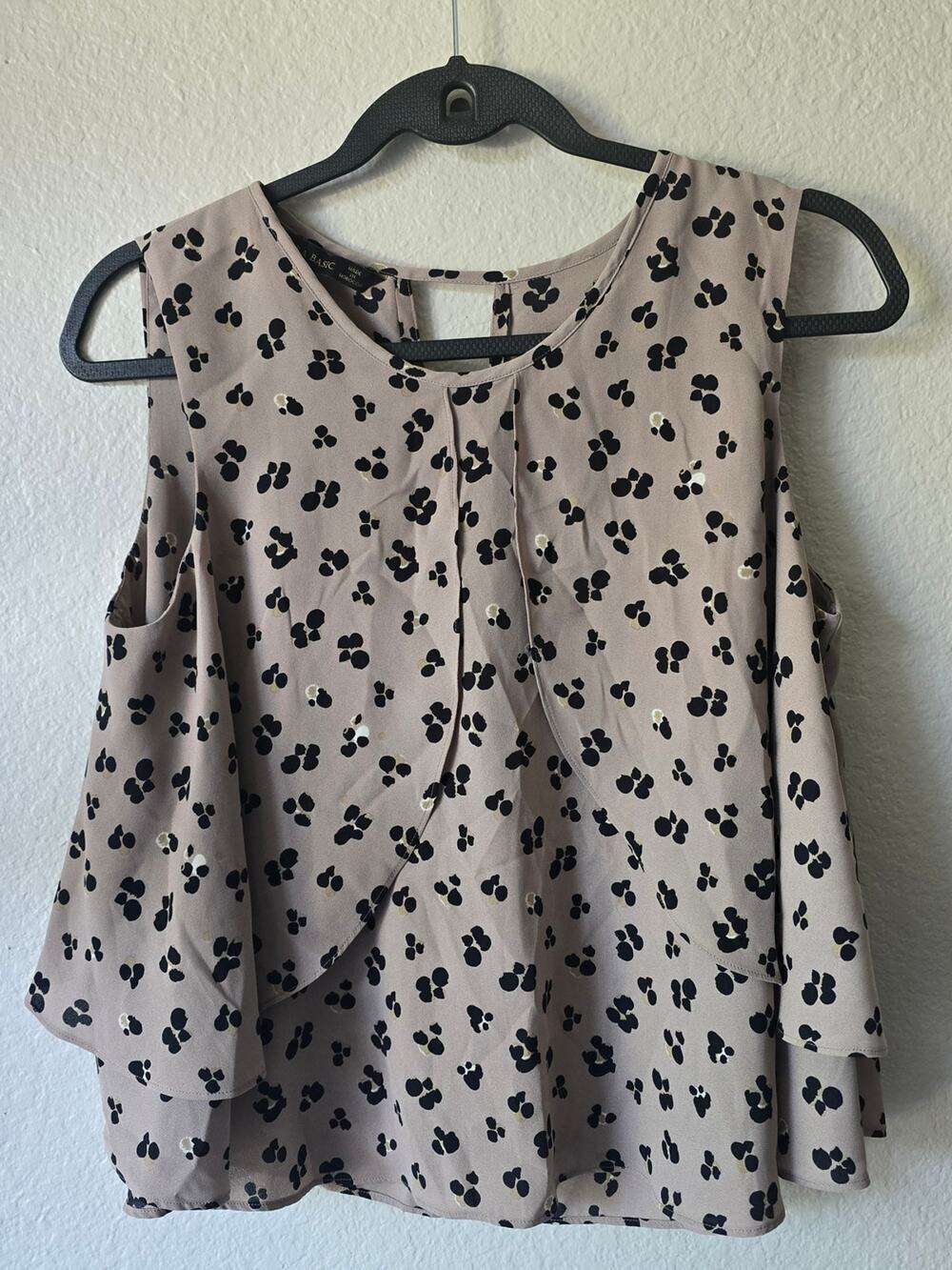 Zara Taupe Sleeveless Ruffle Blouse with Black Spot Print